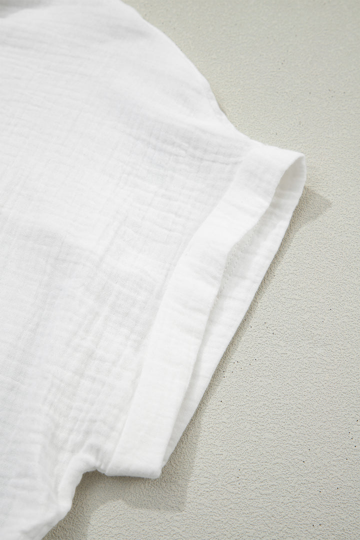 White Lace Trim Cuffed Short Sleeve Textured Shirt