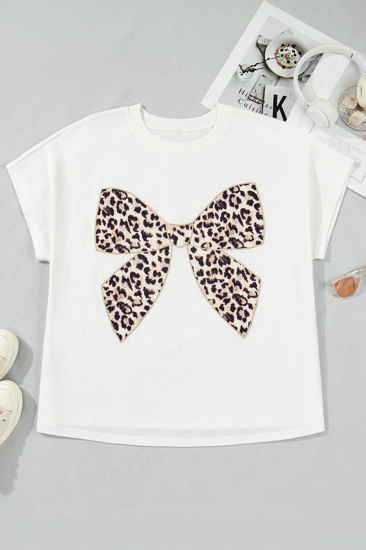 White Plus Size Leopard Bow Embroidered Patch Casual Cotton T Shirt