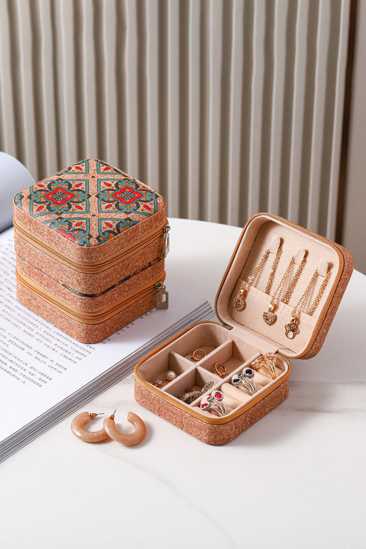 Retro Floral Print Portable Square Jewelry Box