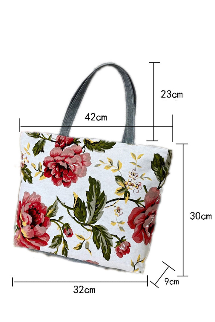 Flower Print Canvas Zipper Large Tote Bag