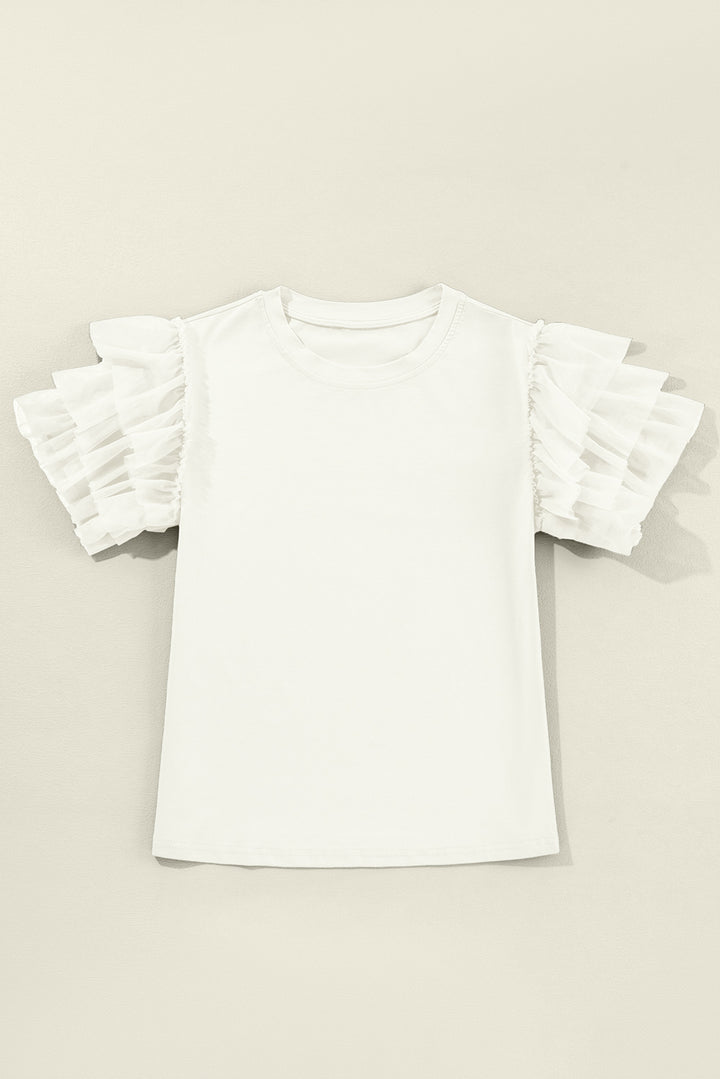 White Tulle Ruffle Sleeve Blouse