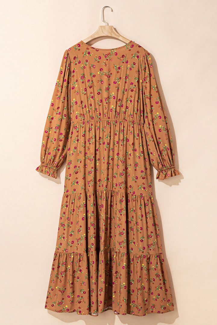 Brown Plus Size Floral Split V Neck Tiered Maxi Dress