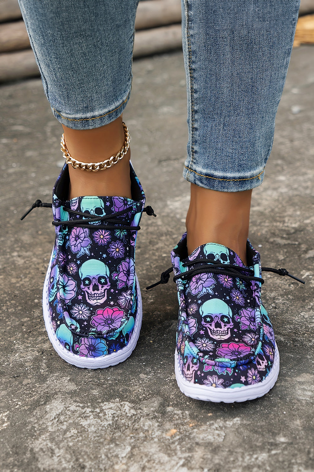 Sugar Skull Print Lace-up Detail Halloween Flat Shoes