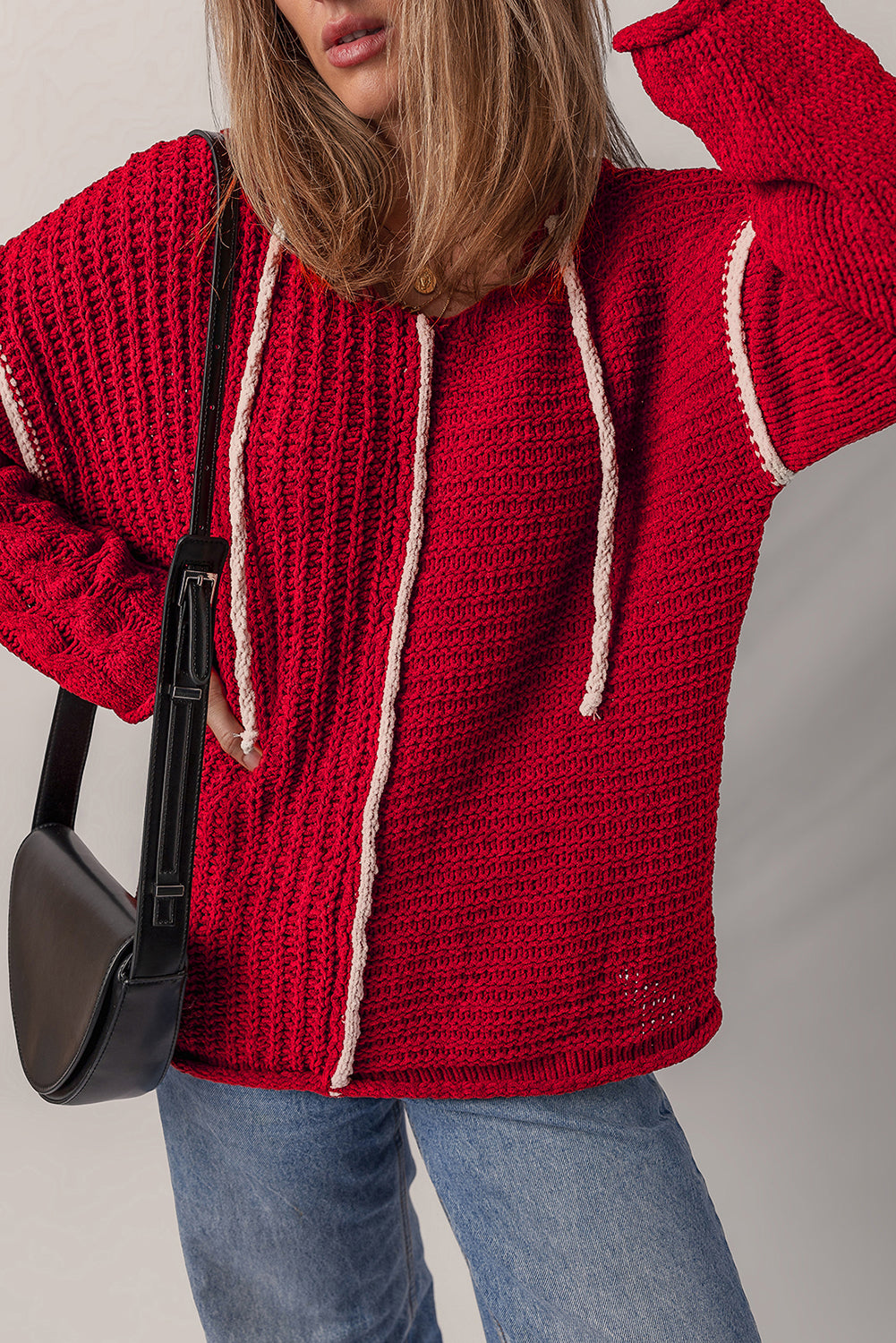 Color Contrast Trim Textured Knit Drawstring Hooded Sweater