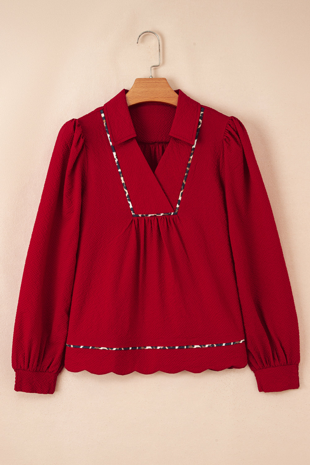 Collar V Neck Leopard Contrasted Trim Textured Blouse