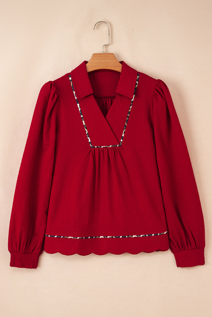 Collar V Neck Leopard Contrasted Trim Textured Blouse