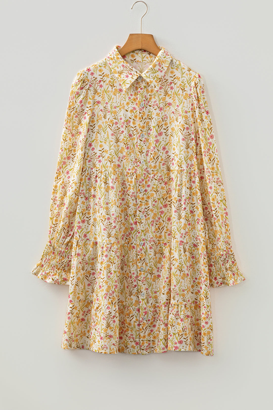 Floral Print Frilly Trim Smocked Cuff Long Sleeve Loose Shirt Dress