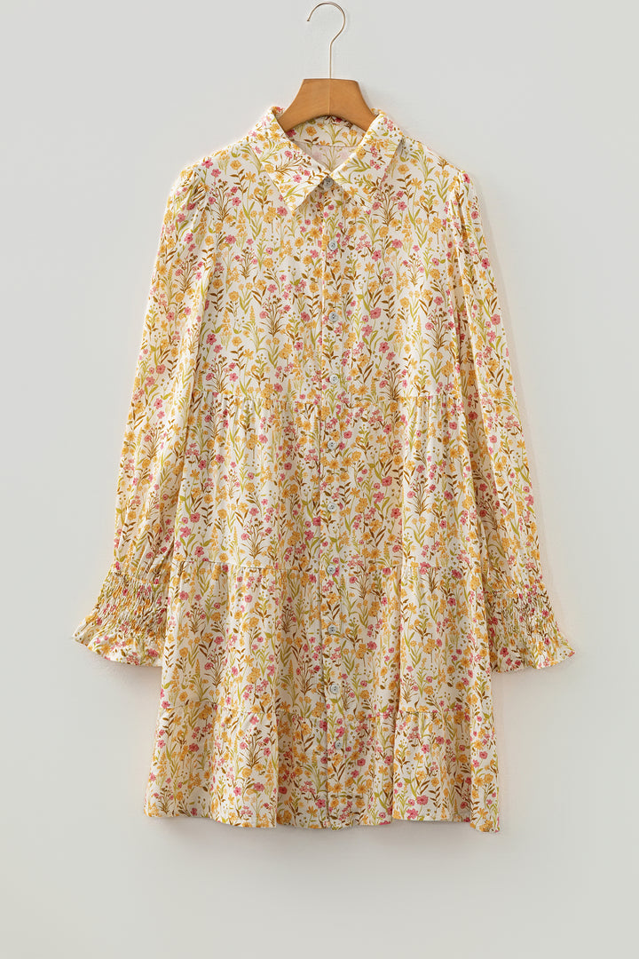 Floral Print Frilly Trim Smocked Cuff Long Sleeve Loose Shirt Dress