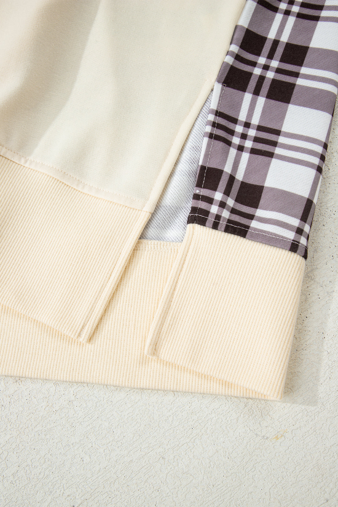 Beige Plaid Patchwork Side Slit Sweatshirt
