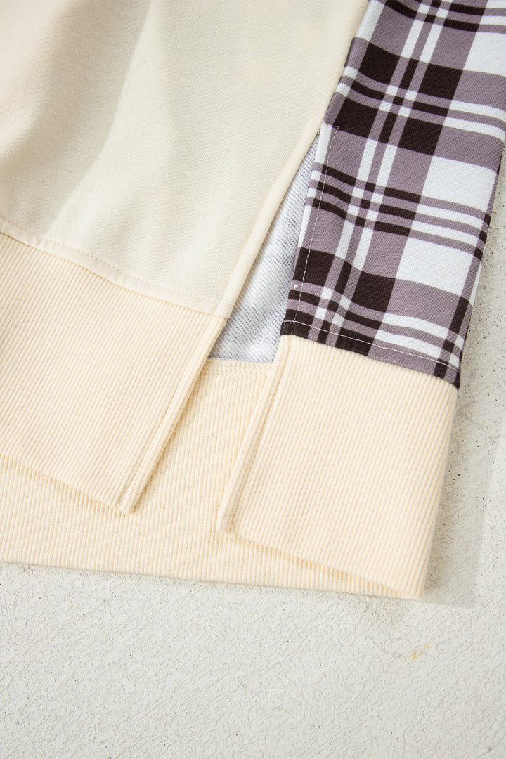 Beige Plaid Patchwork Side Slit Sweatshirt