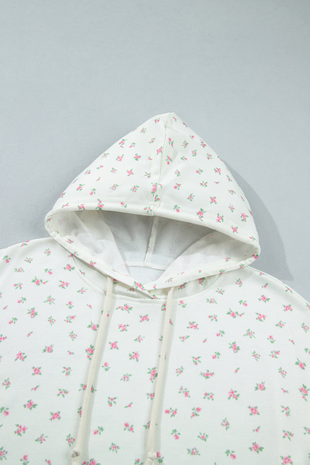 White Floral Print Ribbing Drawstring Hem Long Sleeve Hoodie