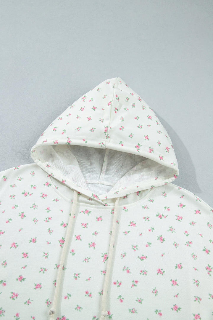 White Floral Print Ribbing Drawstring Hem Long Sleeve Hoodie