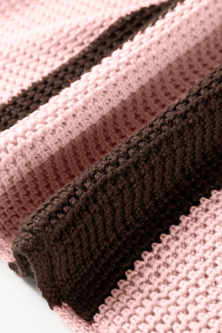 Fushia Striped Color Block Thermal Textured Knit Drop Shoulder Sweater