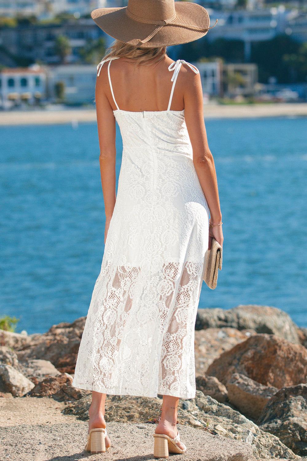 Tie Spaghetti Straps Floral Lace Overlay Long Dress
