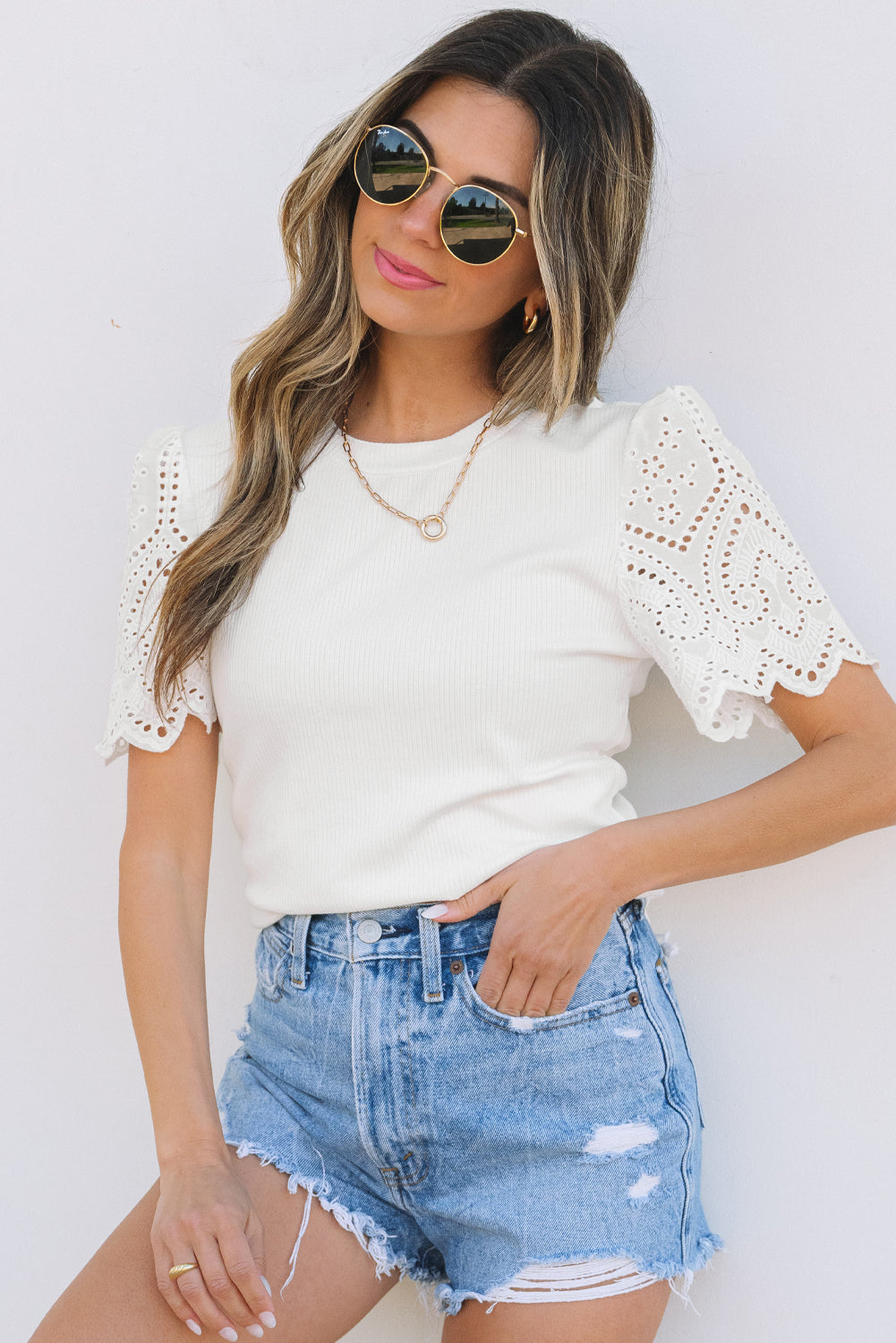 Eyelet Pattern Short Sleeve Patchwork Ribbed Top