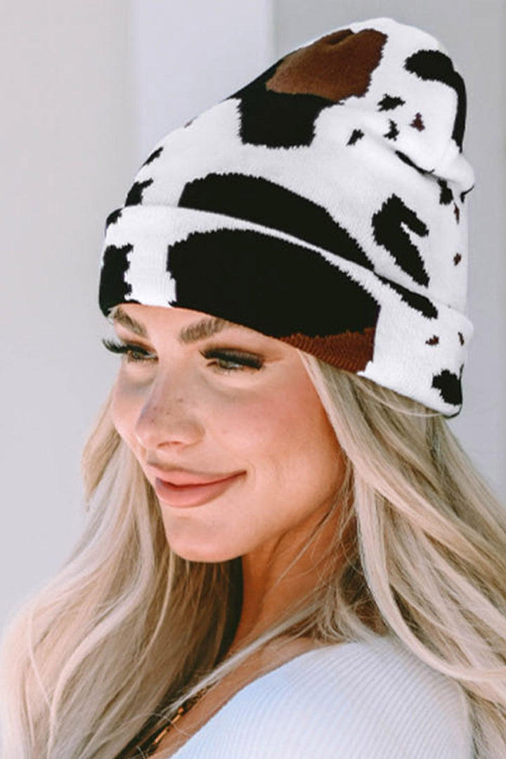 Warme Beanie-Mütze mit Kuhflecken-Print