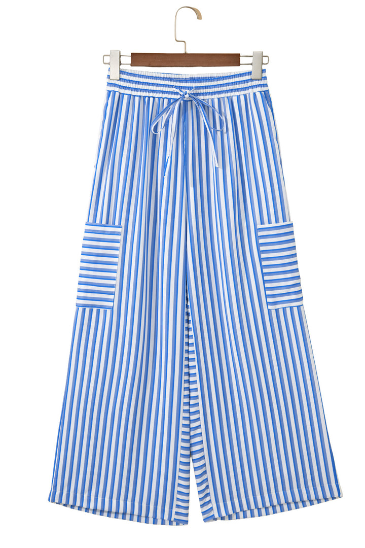 Sky Blue Stripe Drawstring Elastic Waist Patch Pocket Wide Leg Ankle-length Pants