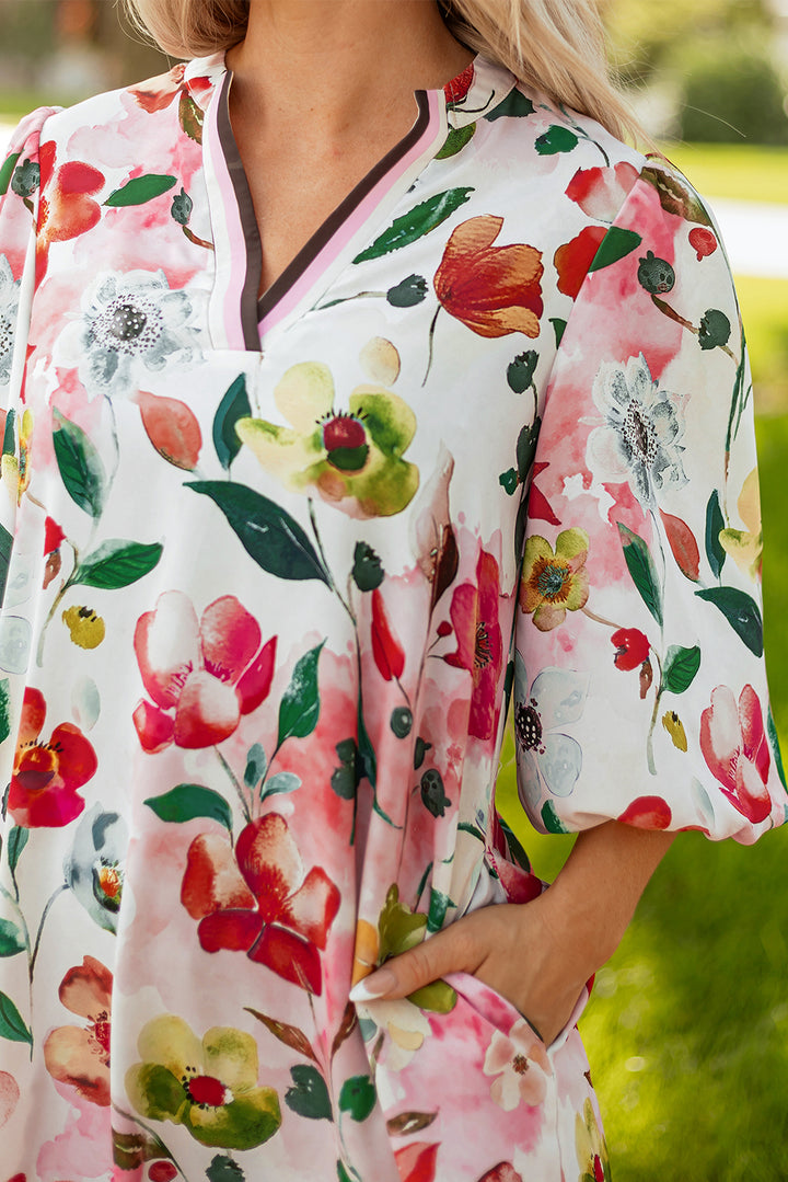 Floral Contrast Striped V Neck Puff Half Sleeve Shift Dress
