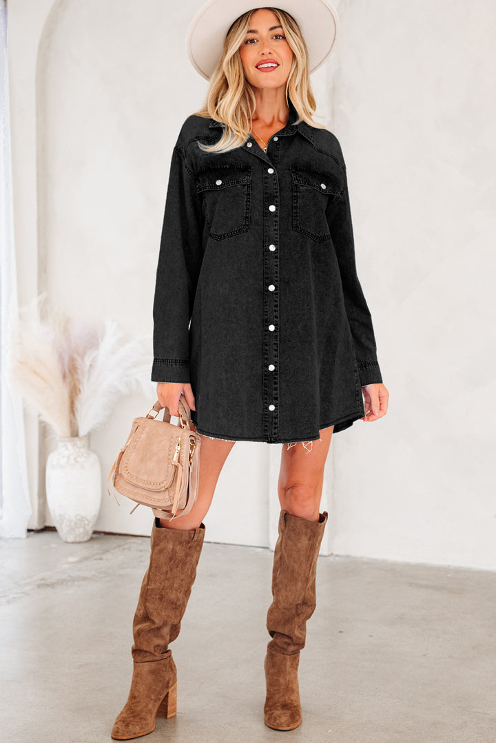 Medium Grey Beau Chest Pocket Raw Hem Denim Loose Shirt Dress