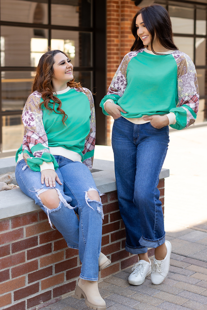 Plaid Vintage Paisley Patchwork Long Sleeve Raglan Top