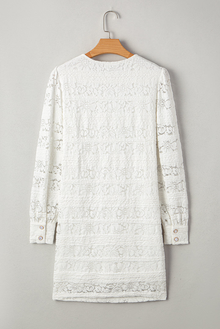 Chic White Lace Crochet Round Neck Puff Sleeve Shift Mini Dress