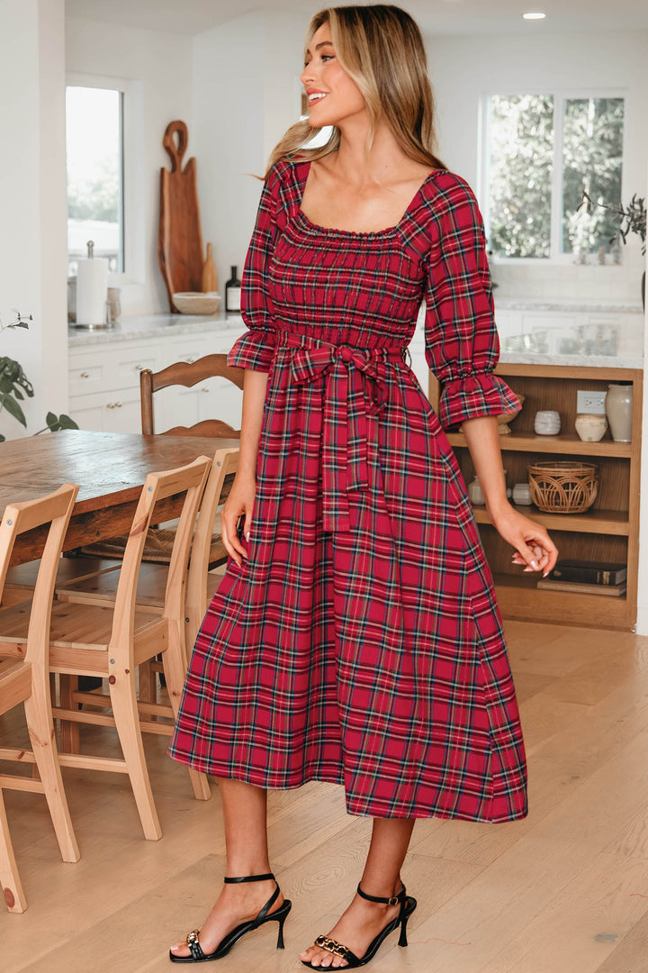 Tartan Plaid Square Neck Puff Sleeve Knot Waist Flared Midi Dress