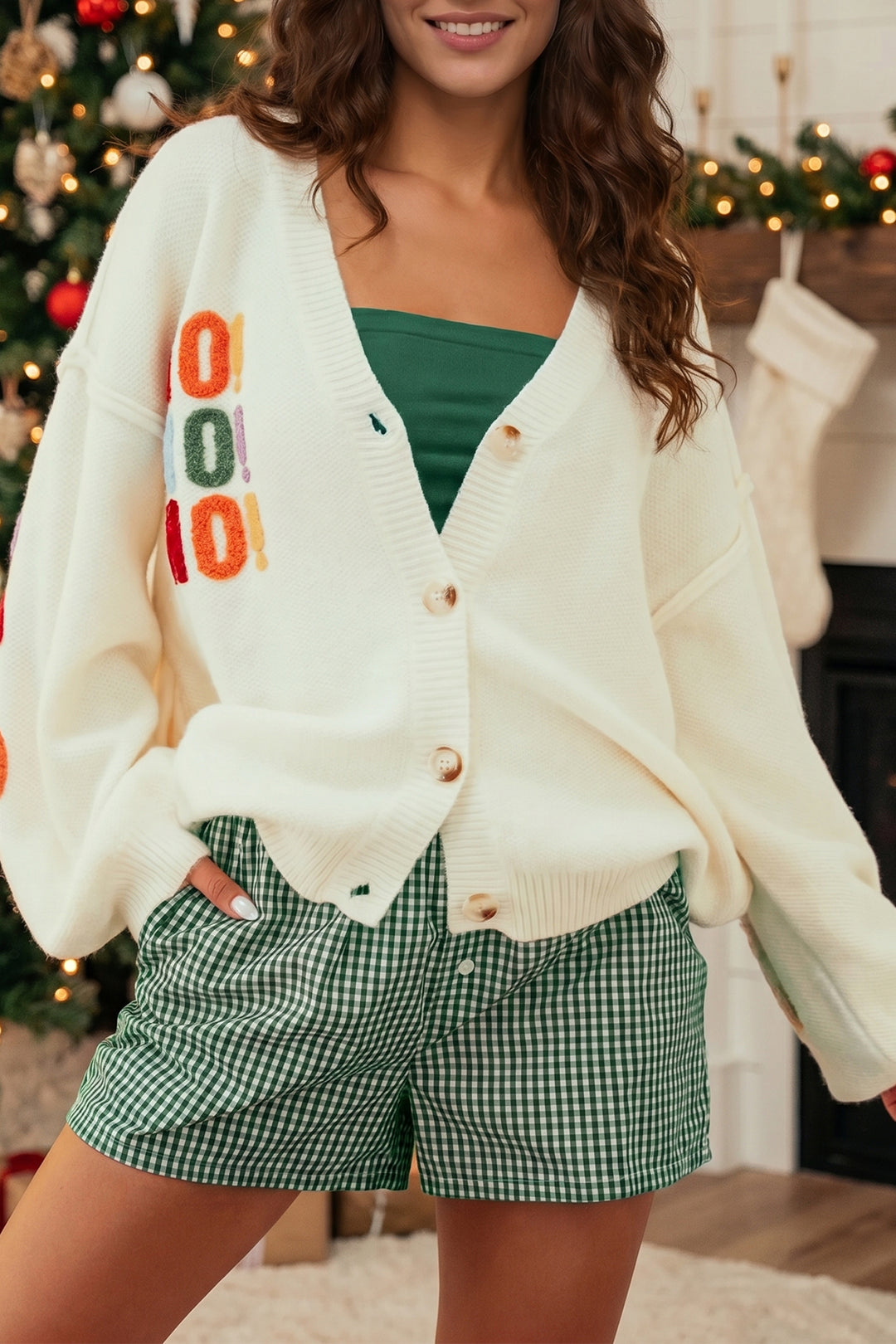 White Ho Ho Ho Slogan Button Front Embroidered Knit Cardigan