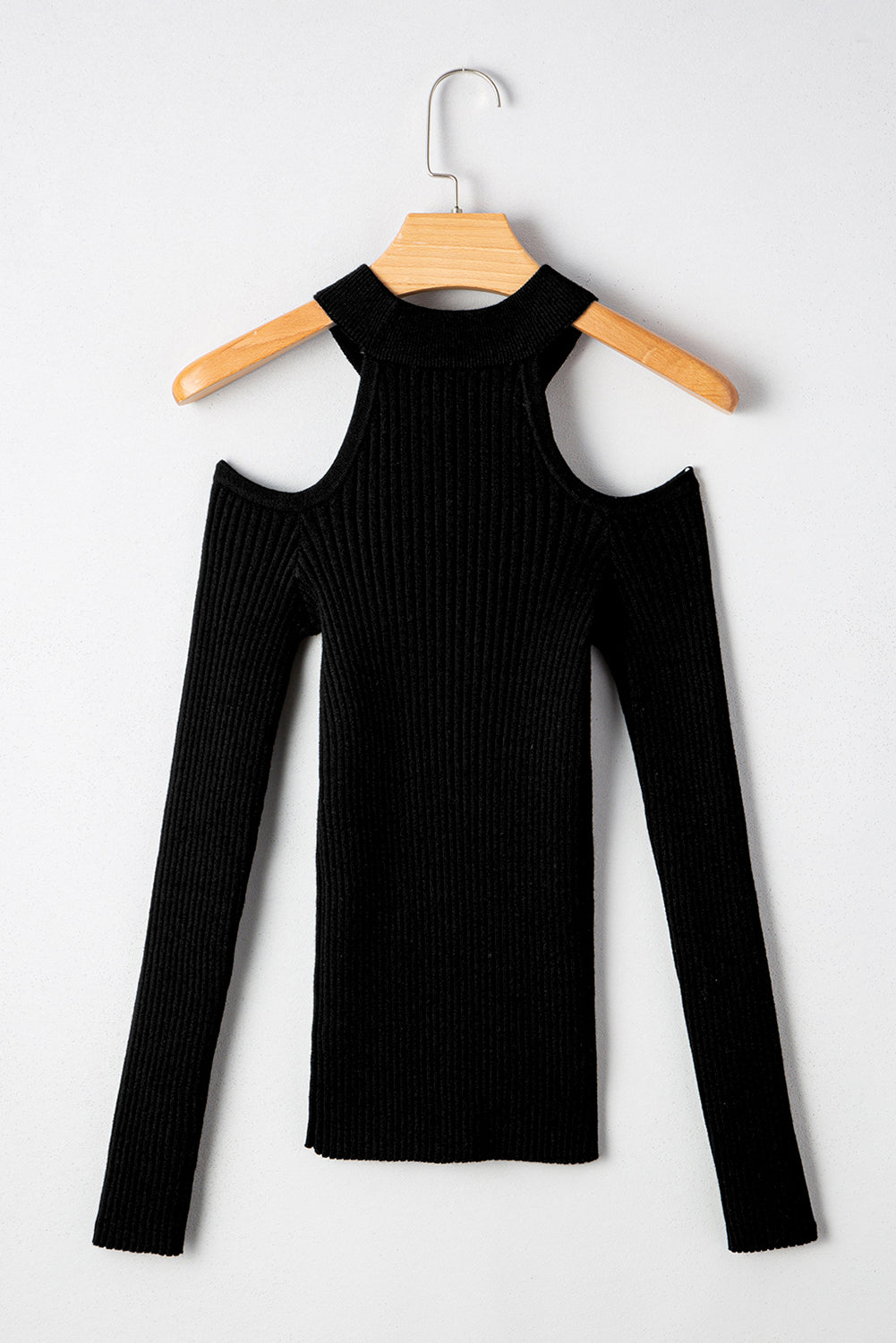 Ribbed Knit Cold Shoulder Choker Neck Sweater
