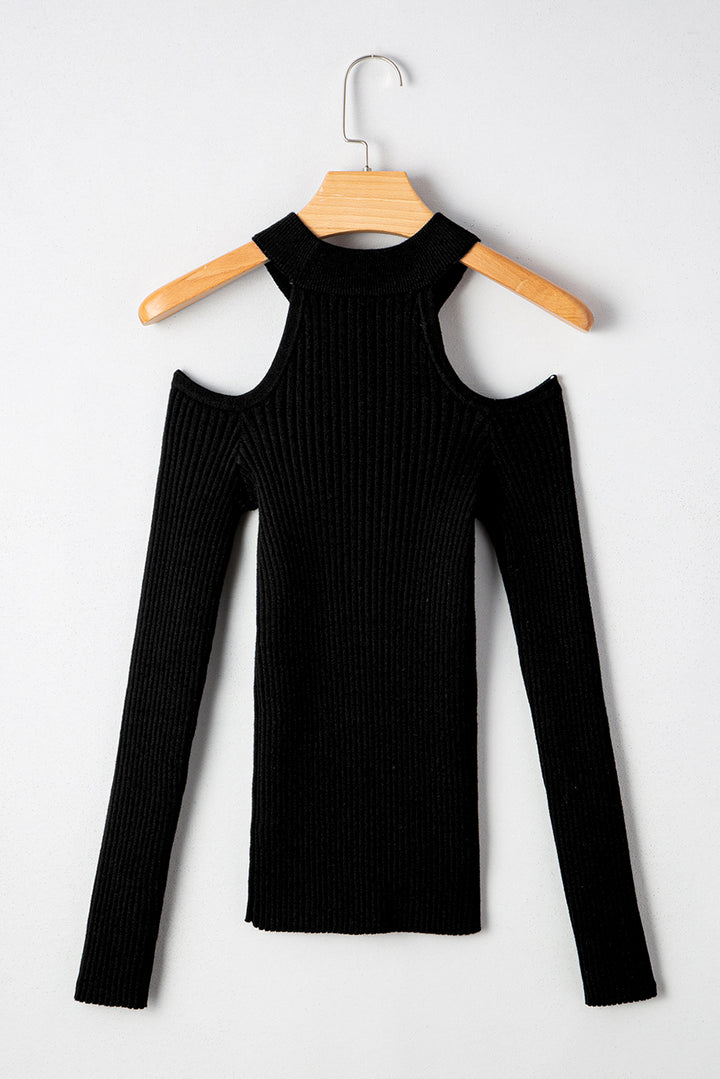 Ribbed Knit Cold Shoulder Choker Neck Sweater