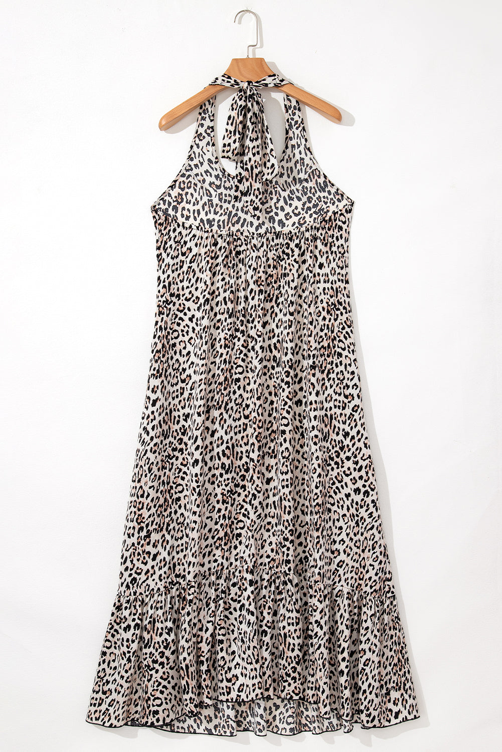 Leopard Printed Halter Neck Backless Ruffled Hem Maxi Dress