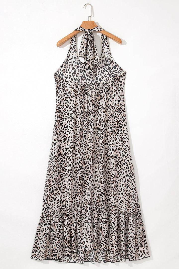 Leopard Printed Halter Neck Backless Ruffled Hem Maxi Dress
