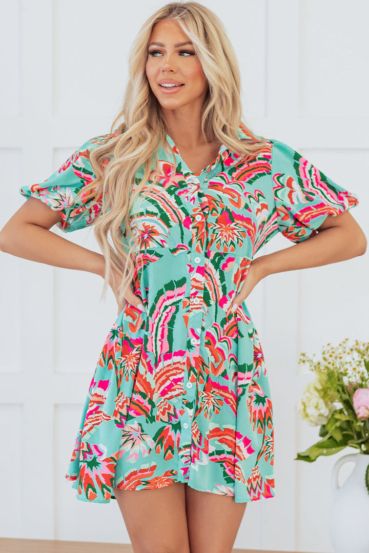 Abstract Print Lace-up High Waist Buttoned Mini Dress