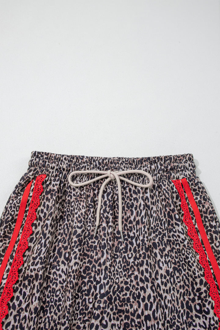 Brown Wild Leopard Print Contrast Lace Striped Detail Drawstring Pants