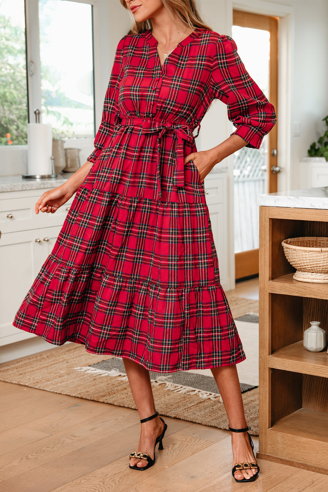 Christmas Plaid V Neck 3/4 Sleeve Tie Waist Ruffle Hem Long Dress
