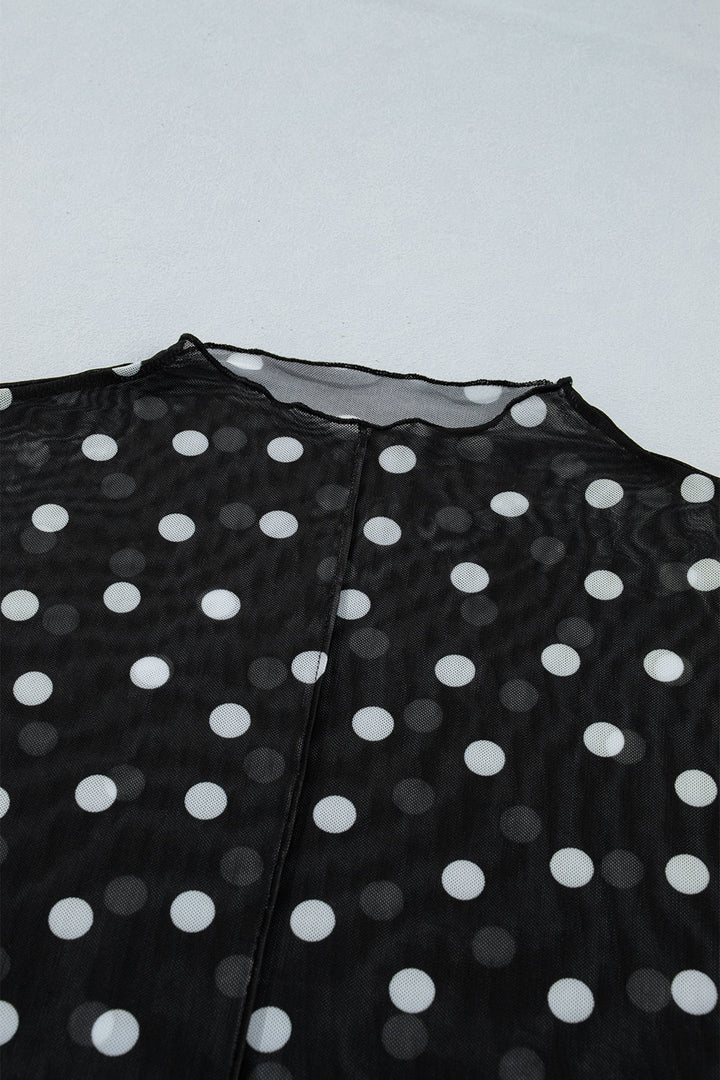 Black Plus Size Mock Neck Polka Dot Long Sleeve Mesh Top