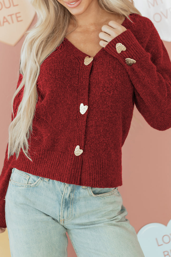 Fiery Red Heart Metal Button V Neck Wool Cardigan Sweater