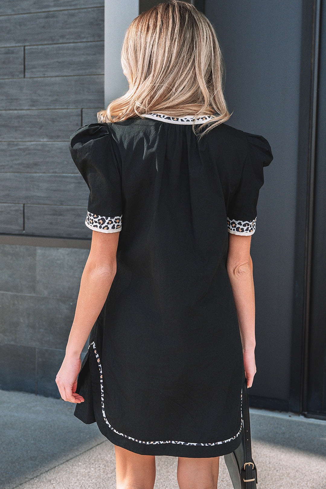 Leopard Trim Notched Neck Short Puff Sleeve Shift Mini Dress