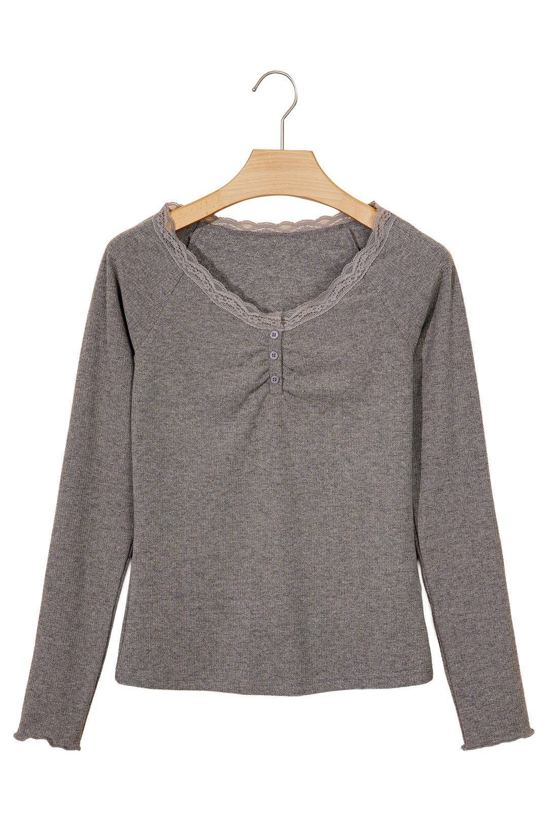 Medium Grey Solid Color Ribbed Lace Trim V-Neck Button Detail Long Sleeve Top