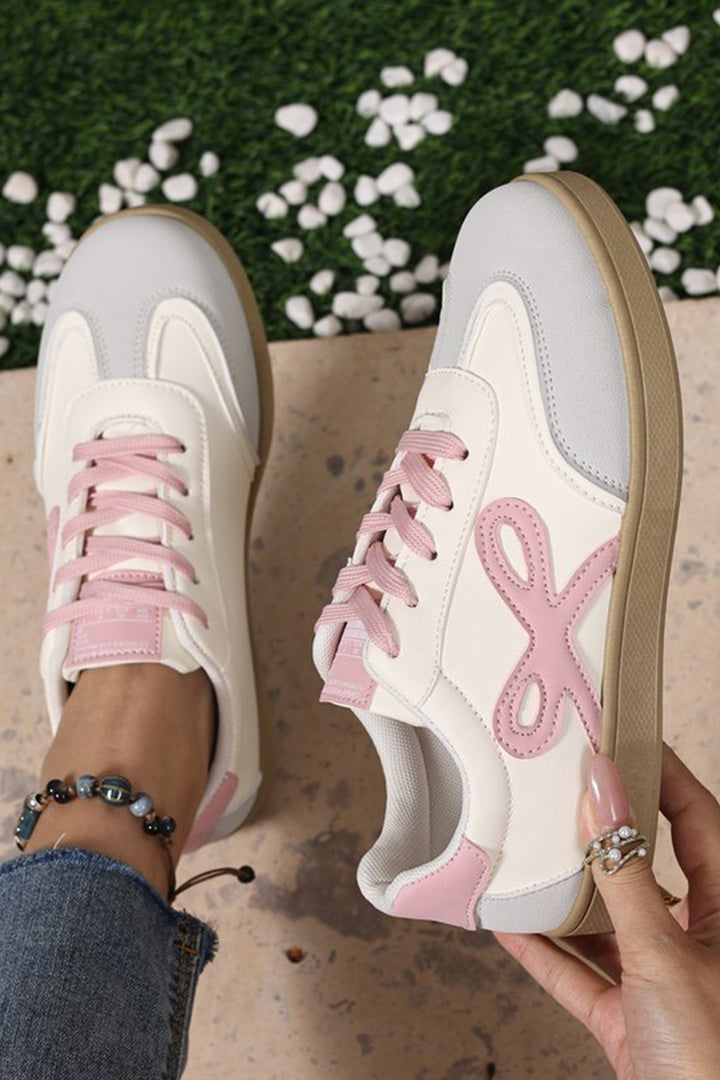 Cute Bow Patch Color Block PU Leather Sneakers