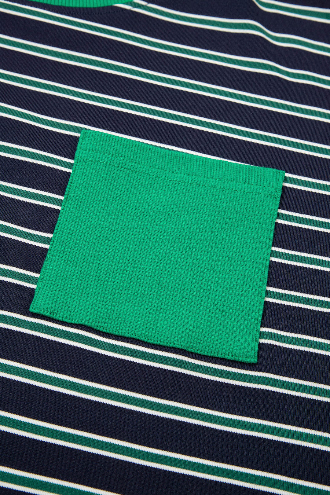 Green Stripe Ribbed Color Block Patchwork Crew Neck Patch Pocket Long Sleeve Top
