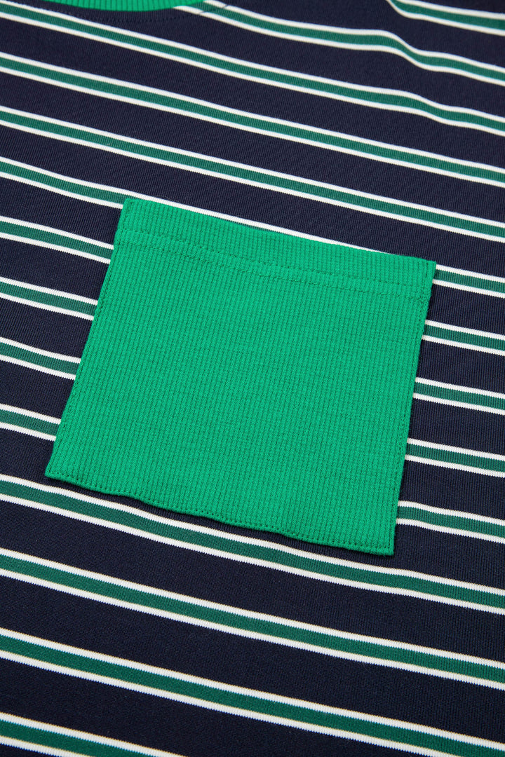 Green Stripe Ribbed Color Block Patchwork Crew Neck Patch Pocket Long Sleeve Top