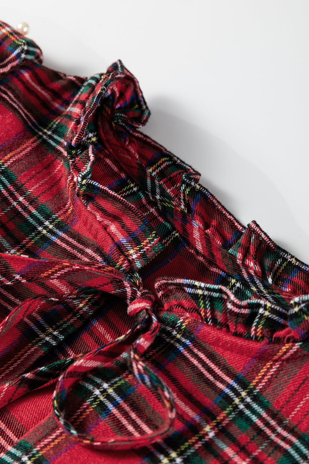 Festive Plaid Pearl Embellished Ruffle Short Sleeve Blouse