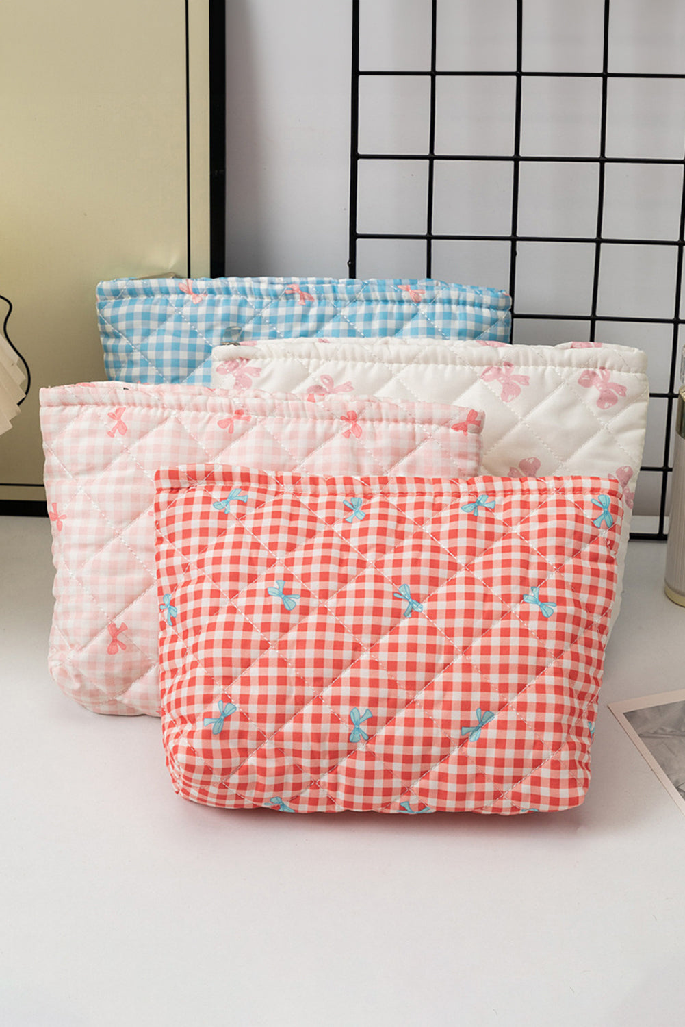 Bow Knot Print Zipper Quilted Large Cosmetic Bag