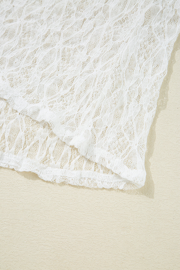 Sheer Lace Bell Sleeve Mock Neck Blouse