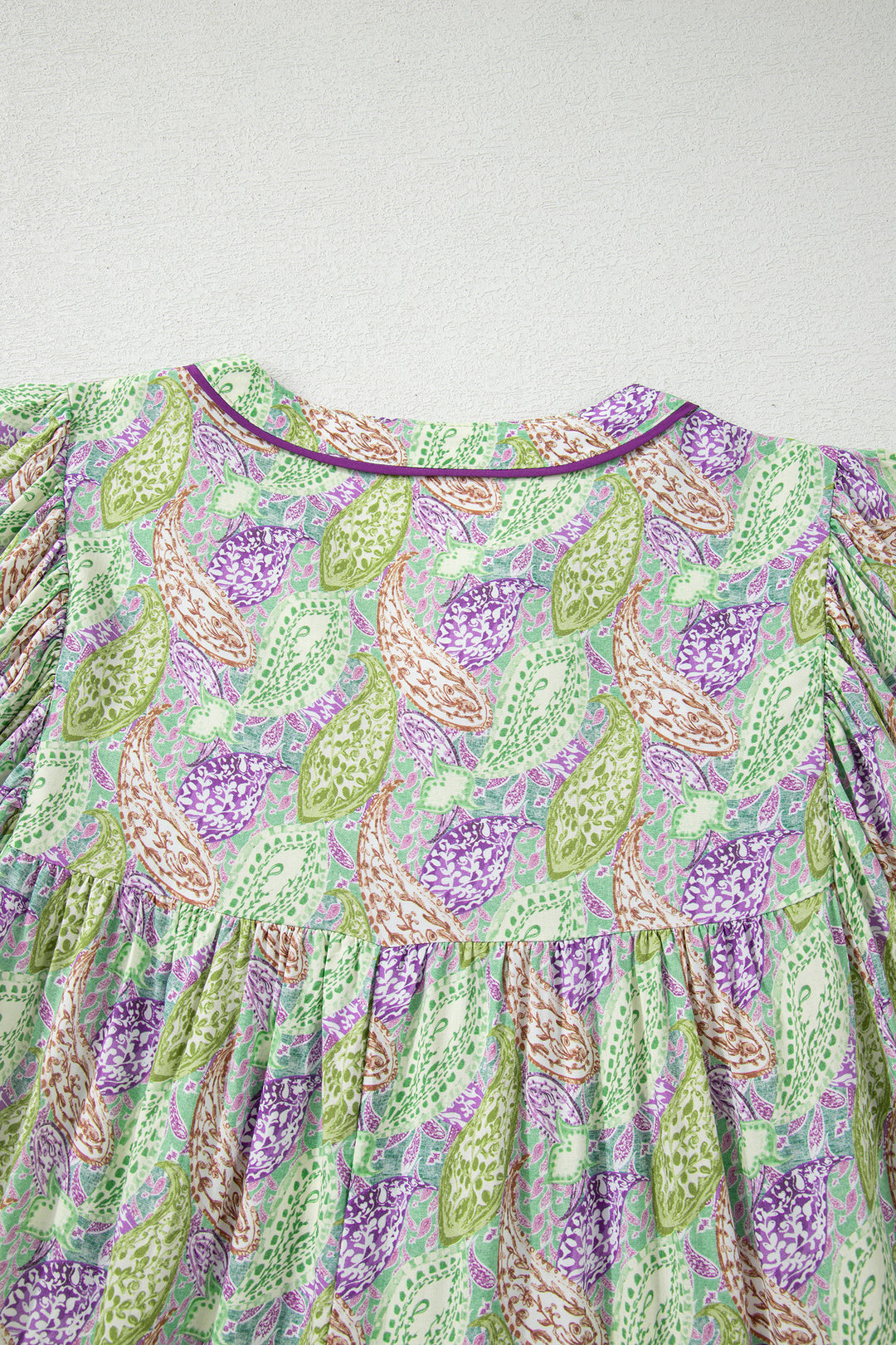 Green Boho Paisley Print Half Puff Sleeve Blouse
