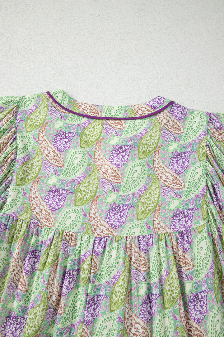 Green Boho Paisley Print Half Puff Sleeve Blouse