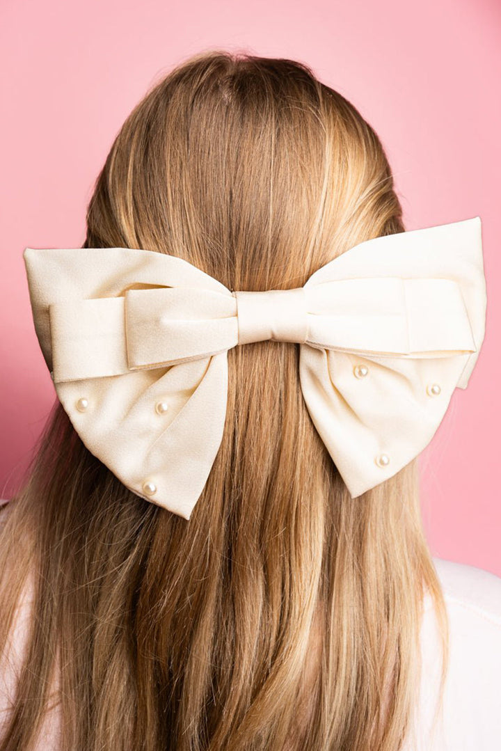 Pearl Embellished Tiered Satin Bowknot Hair Clip