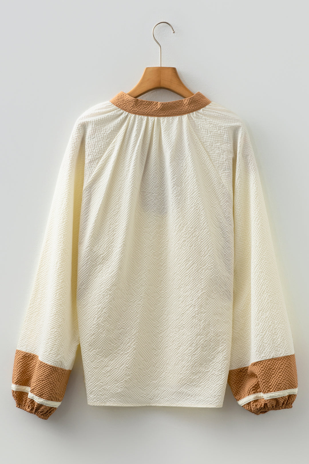 Color Block Patchwork Detail V Neck Textured Long Sleeve Blouse