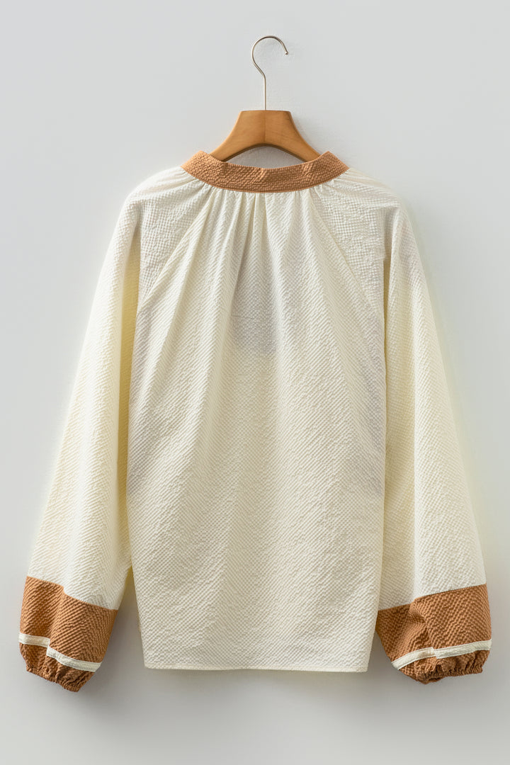 Color Block Patchwork Detail V Neck Textured Long Sleeve Blouse