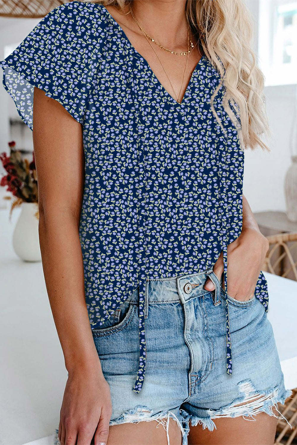 Blue V-neck Short Sleeve Fashion Print Fantasy Fluttering Blouse